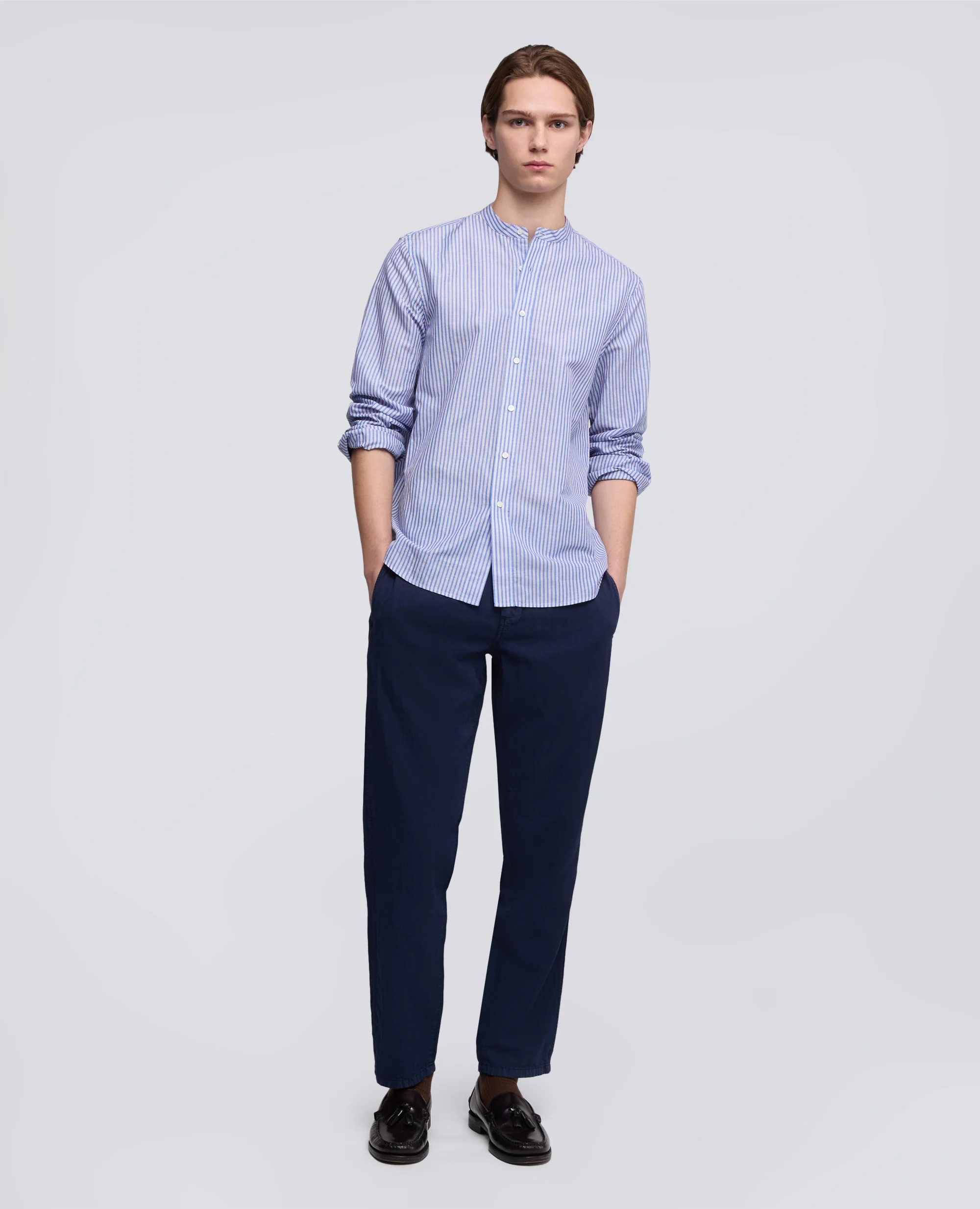 CAMICIA IN COTONE-LINO RIGATA COREANA - RIGA BLU - Image 2