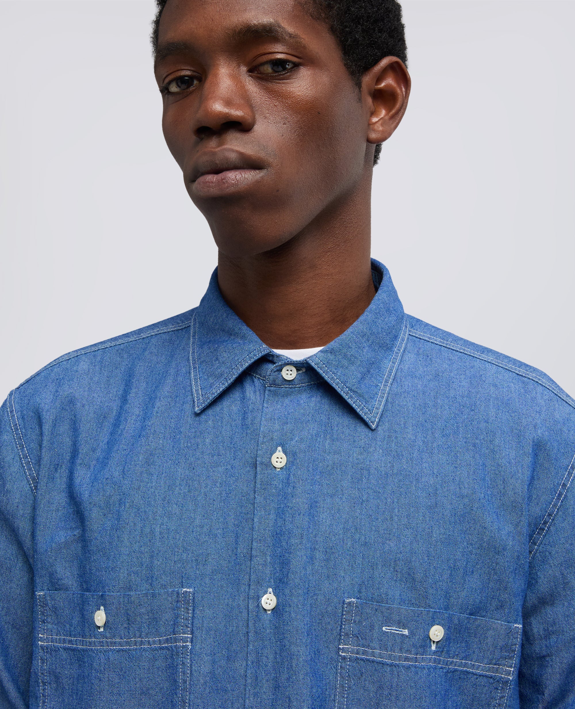 CAMICIA DA LAVORO NEW C SLIM IN CHAMBRAY DI COTONE - DENIM MEDIO - Image 4