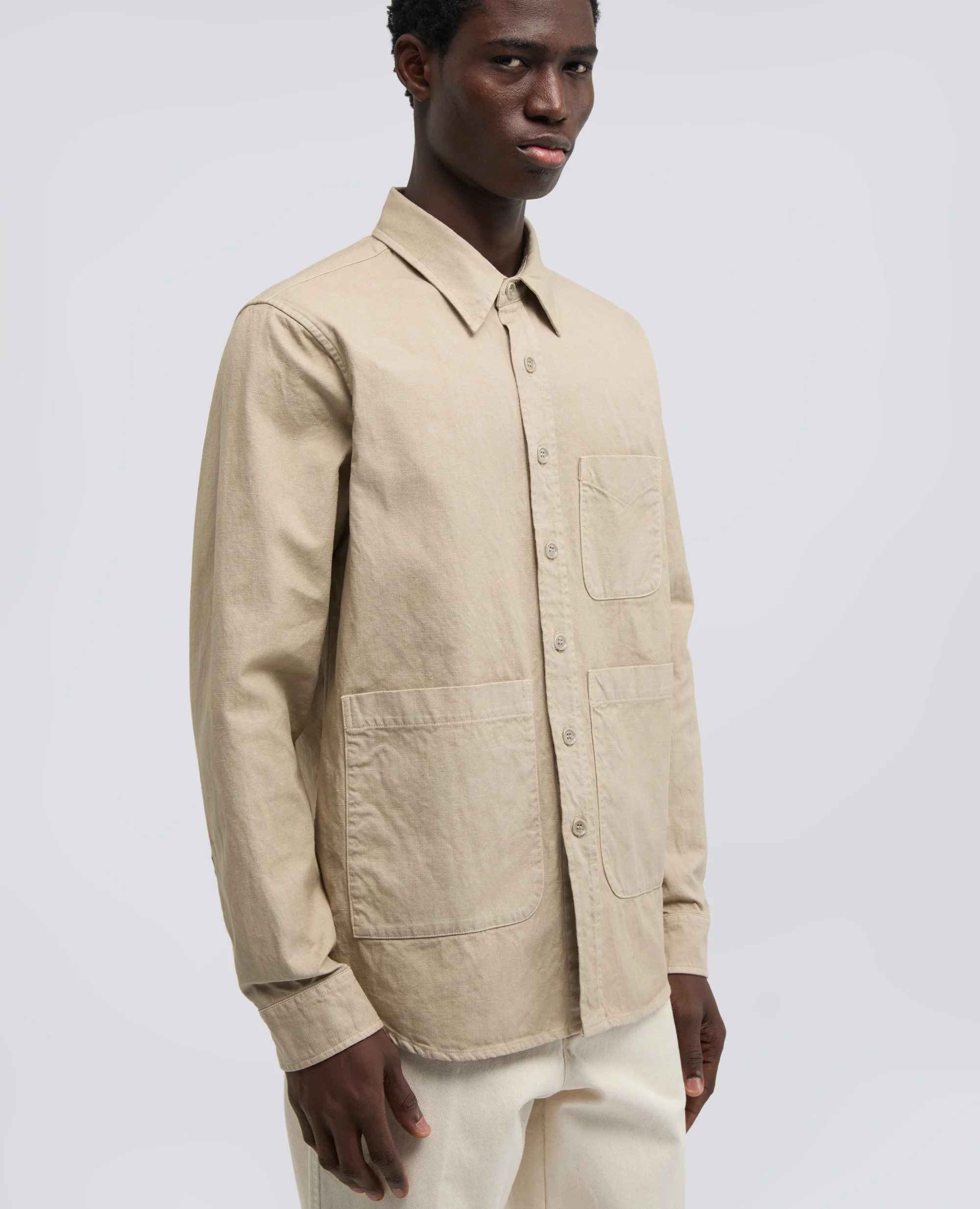 CAMICIA UTILITY IN TELA RUSTICA DI COTONE-LINO - BEIGE - Image 4