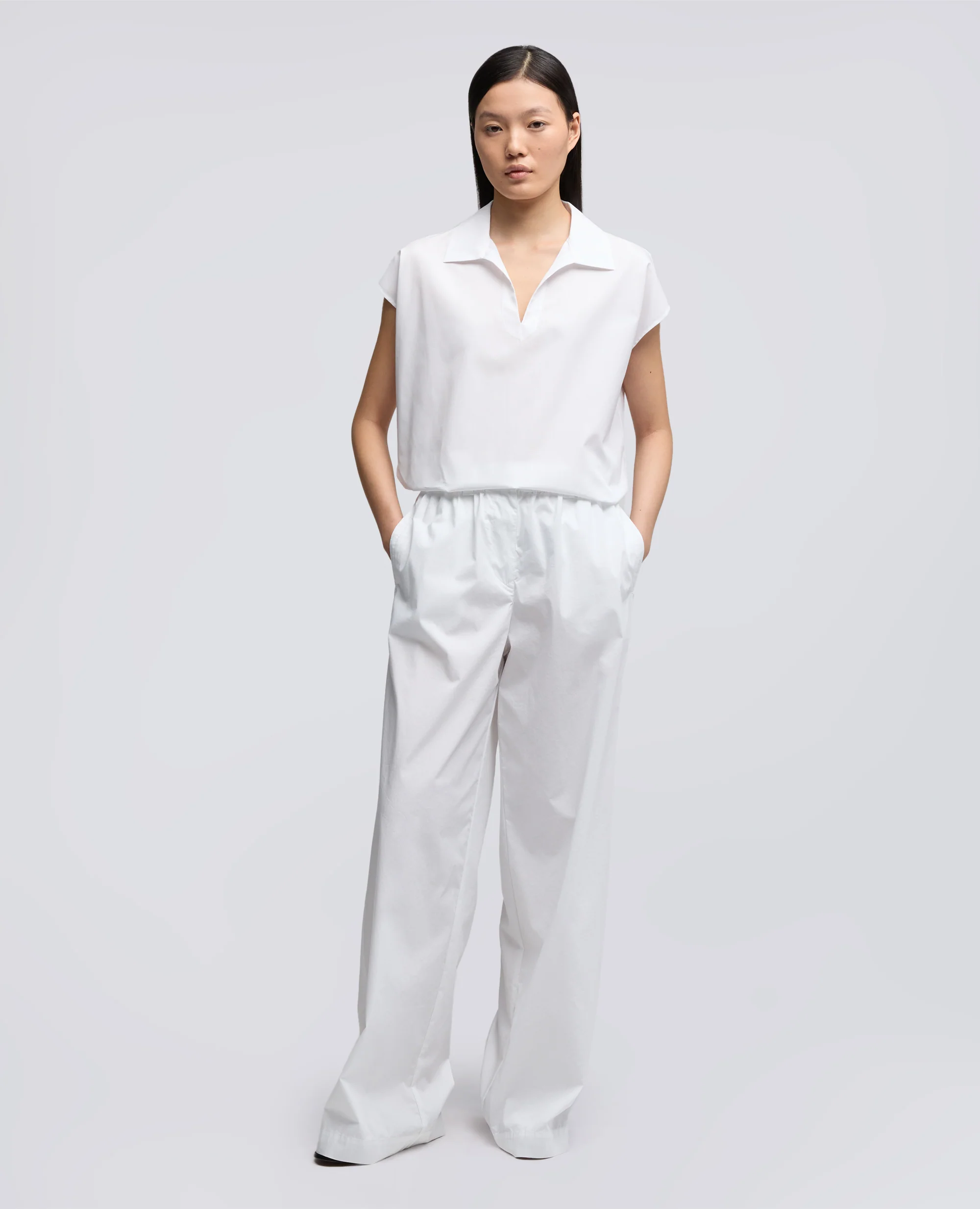 PANTALONE IN POPELINE DI COTONE E NYLON STRETCH - BIANCO - Image 2